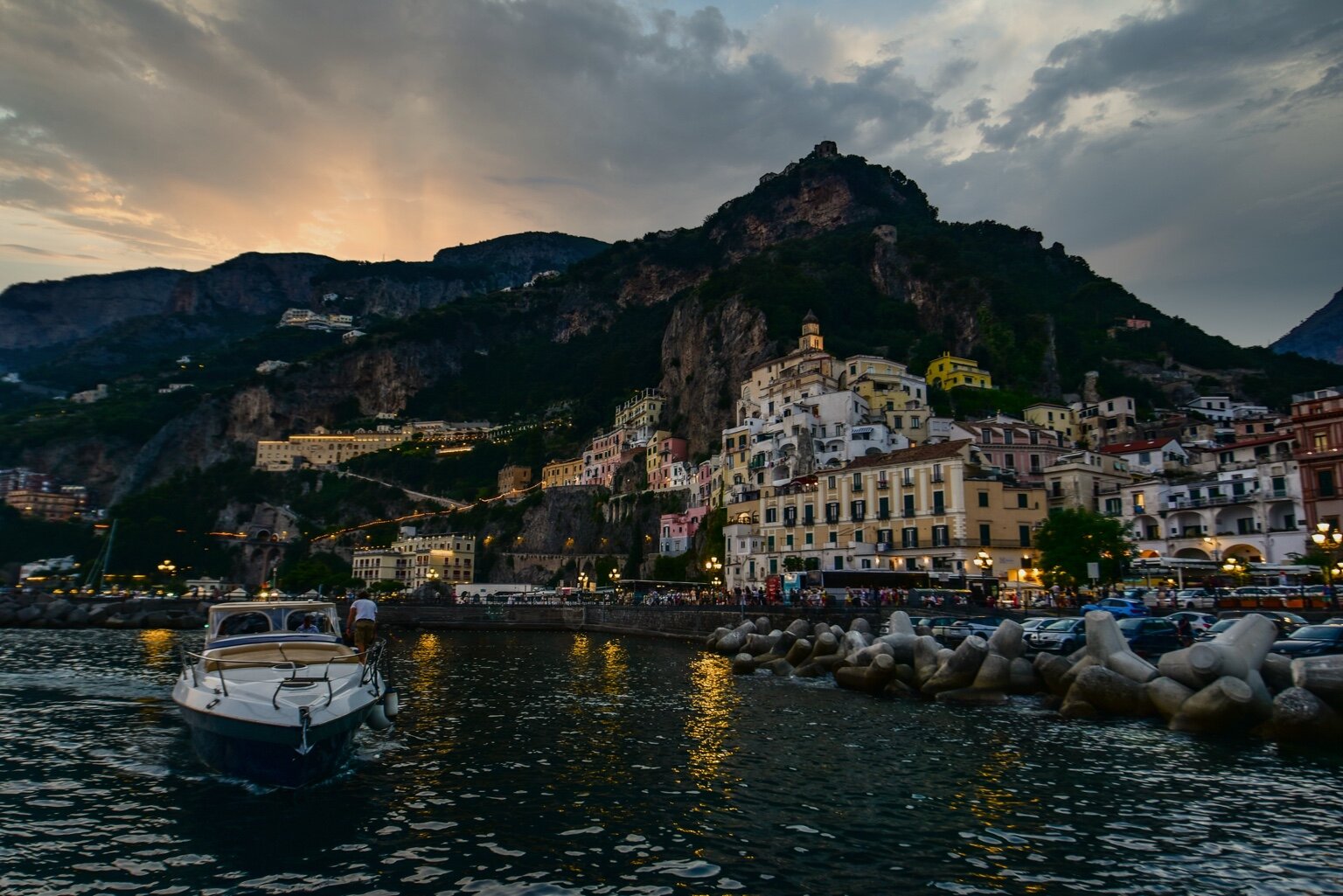 Amalfi illuminated at blue hour