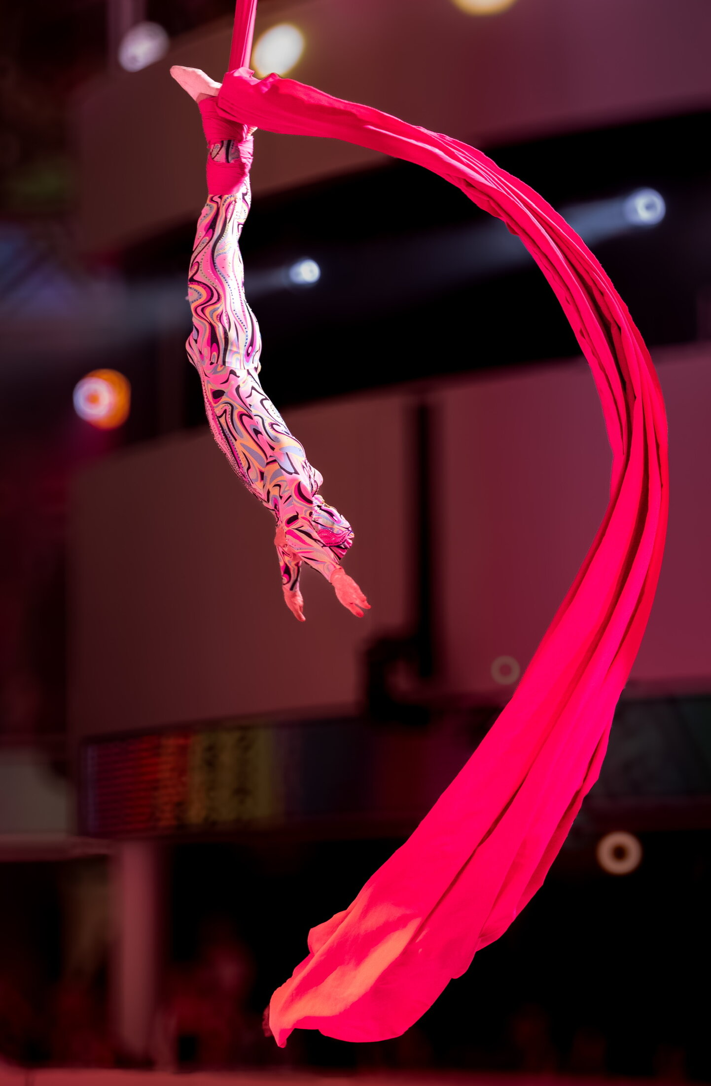 Aerial silk performer suspended above the stage