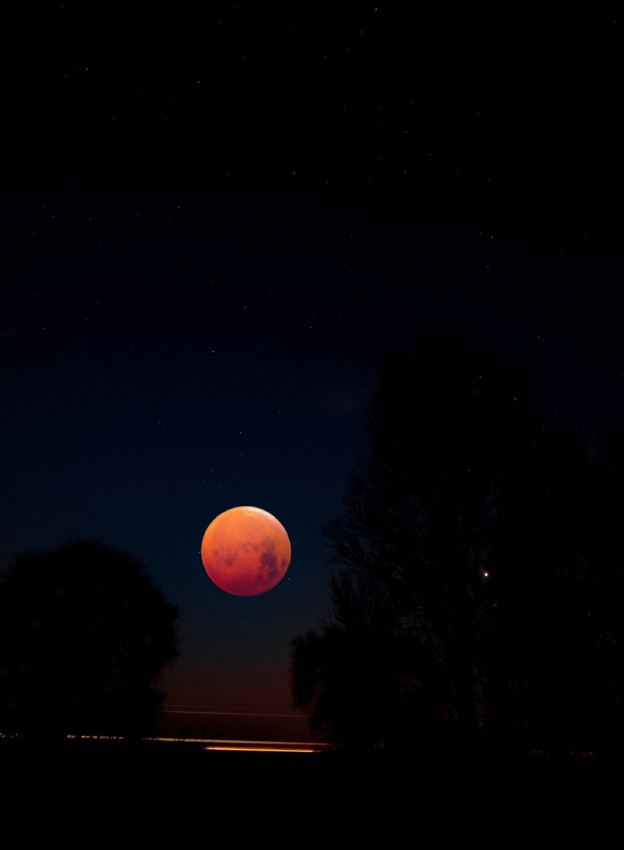 Lunar eclipse over silhouetted observers