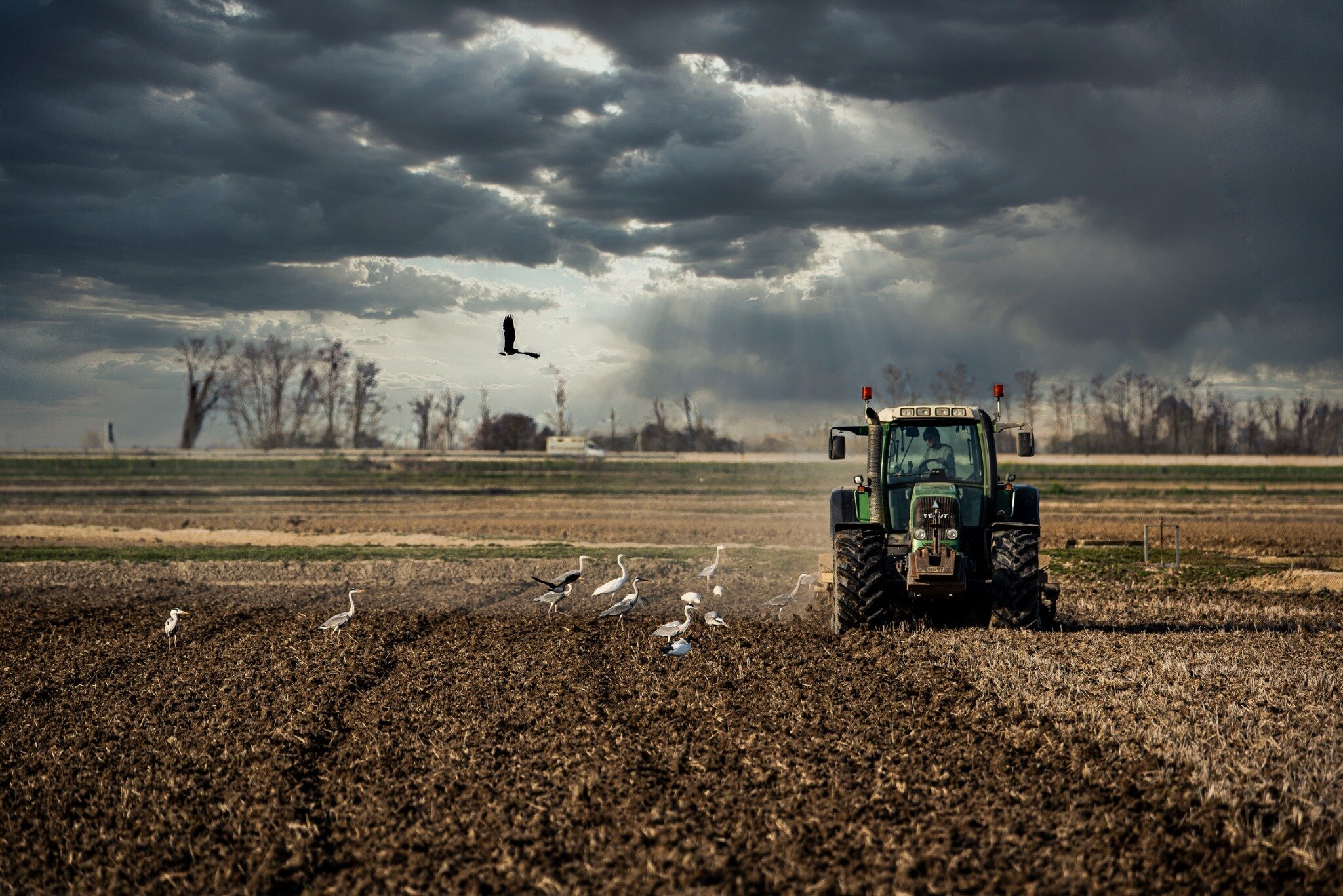 Tractor crossing farmland beneath a dramatic sky